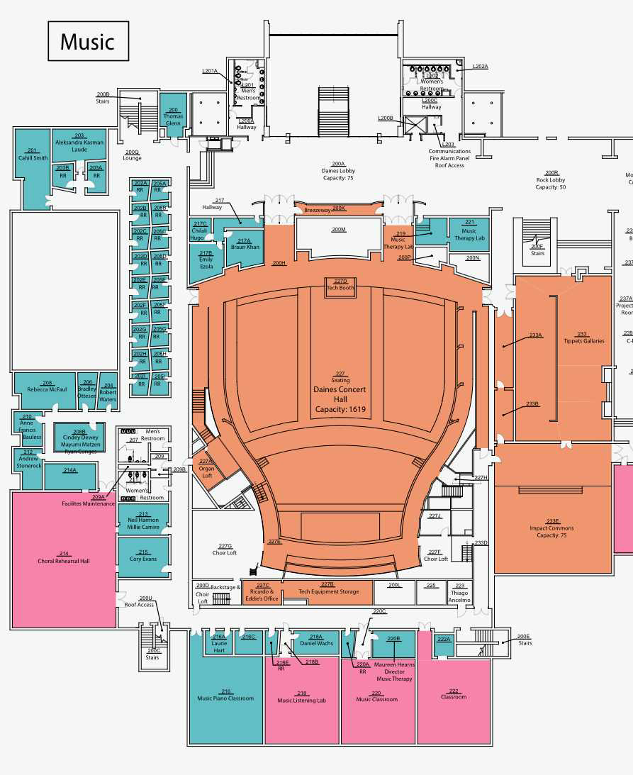 Second floor map of the Music wing, Daryl Chase Fine Arts Center
